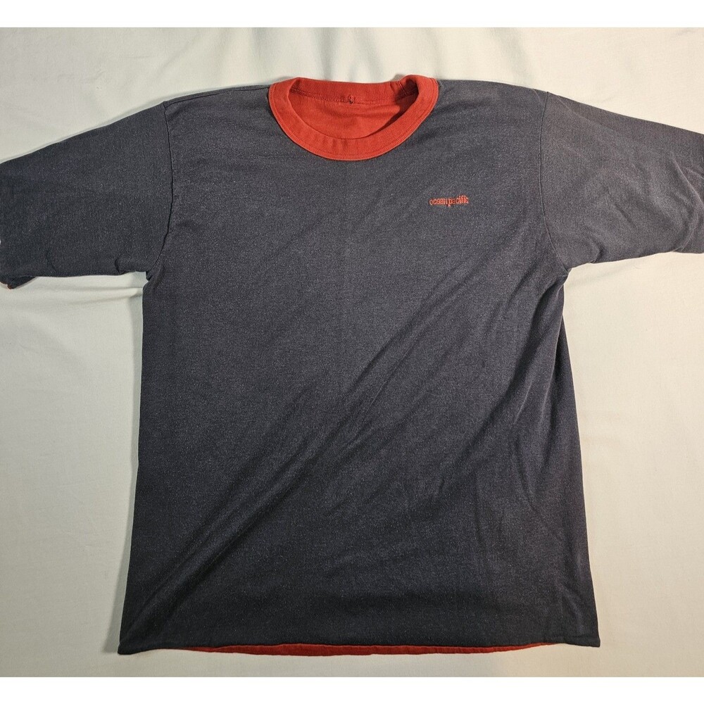 Vintage Ocean Pacific Lined Navy Blue Red T-Shirt Small Y2K